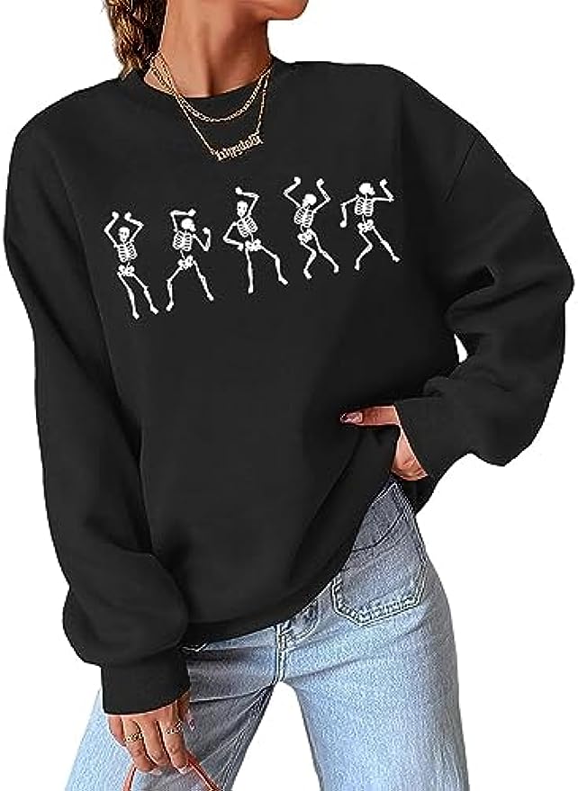 Womens Halloween Dancing Skeleton Sweatshirts Spooky Season Crewneck Shirt Long Sleeve Horror Skull Pullover Top