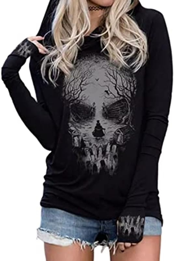 New Halloween Horror Skull Silhouette Hoodie Women Long Sleeve Sweatshirt Novelty Pullover Hoodie
