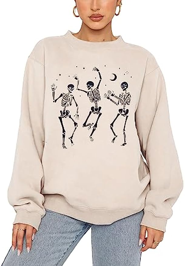 Women's Halloween Dancing Skeleton Sweatshirts Spooky Season Horror Skull Printed Pullover Shirt Oversized Tee Top