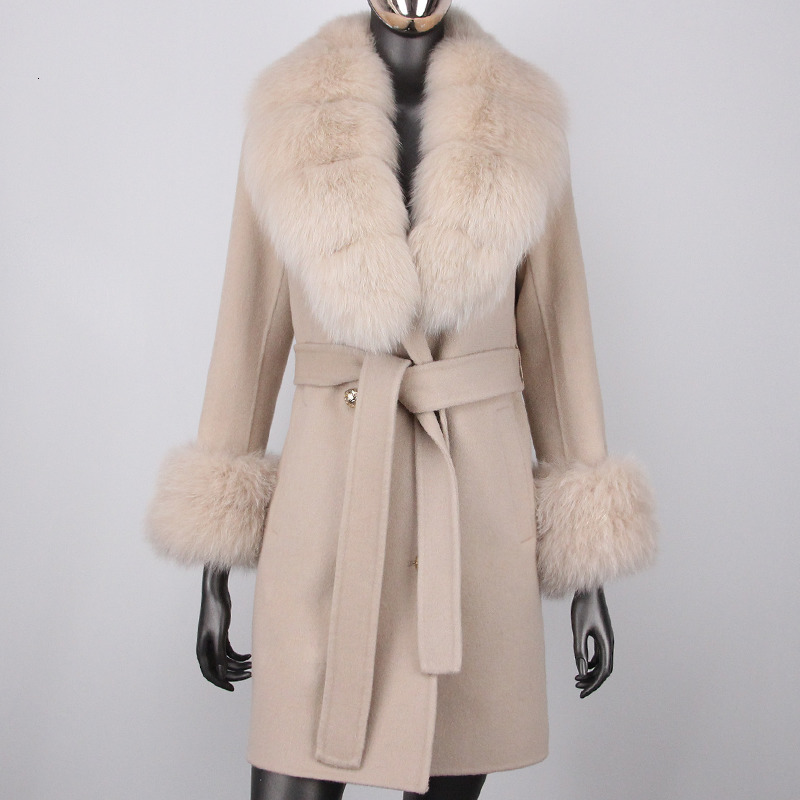 Womens Fur Faux Fashion Winter Jacket Women Real Coat Natural Wool Blends Cashmere Double Breasted Belt Loose Overcoat Streetwear 230828