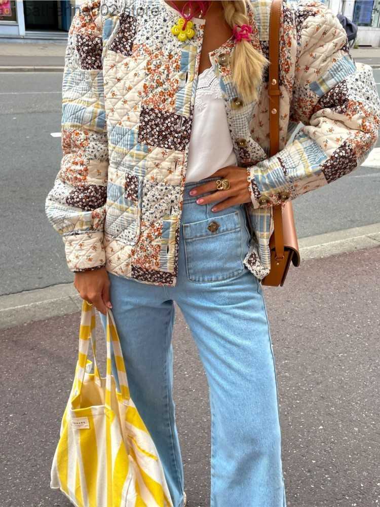 Women's Jackets Women's colorful printed cotton coat retro long sleeved single bra 2023 autumn fashion street women's coat T230828-image-898228610