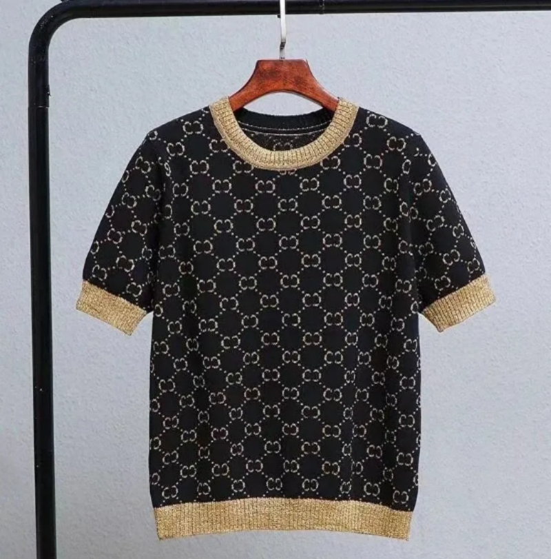 New fashion designer Women Knits women's sweater Short sleeve round neck high end top G letter print Covered in alphabet jacquard gold