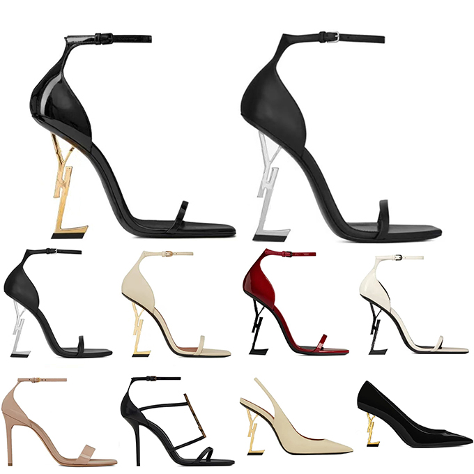 2024 Femmes Luxe Robe Chaussures Designer Talons Hauts En Cuir Verni Gold Tone Triple Noir Nude Rouge Femmes Dames Sandales De Mode Fête De Maria