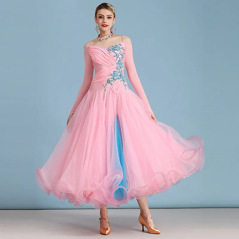 Stage Wear Rose Contraste Couleur Hors Épaule Concours De Danse Robe Valse Pour Danse Vêtements Rumba CostumesStage
