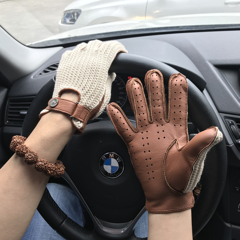 Mittens Mens Goatskin Leather Gloves Back Knitted Lambskin Unlined NonSlip Motorcycle Driving Male 230828-image-898007097