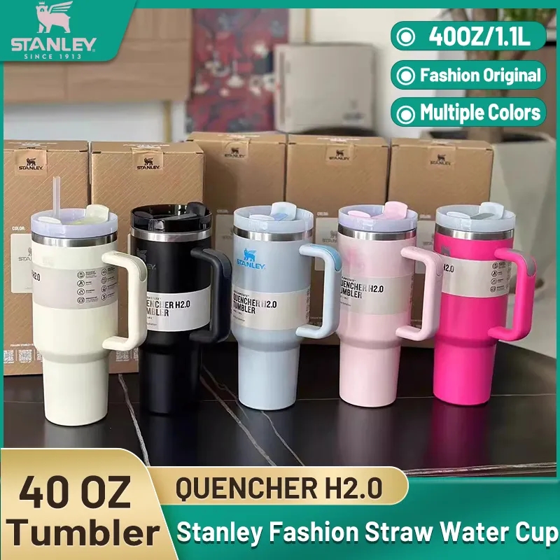 Stanley Adventure Bouteilles d'eau 40 oz H2.0 Gobelets isolés rose vif avec poignée Tasses de camping-car en paille Tasses à boire de grande capa