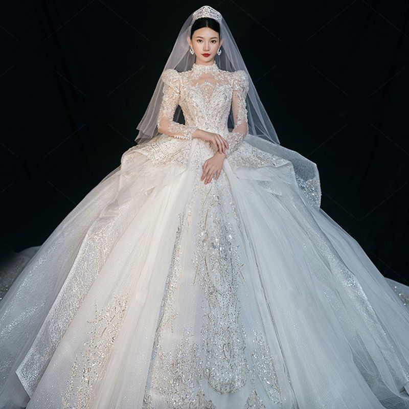 Princess Ball Gown Wedding Dresses Sweetheart long sleeves Luxury Crystal Muslim Bridal Gowns vestidos de novia designer arabic Lace Applique Swe-image-898141250