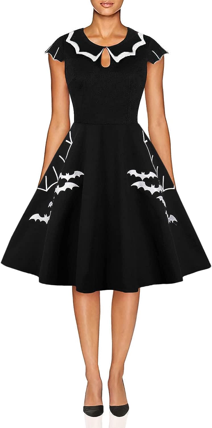 New Fashion Women's Plus Size Dress Bat Spider Web Embroidery Halloween Vintage Dress