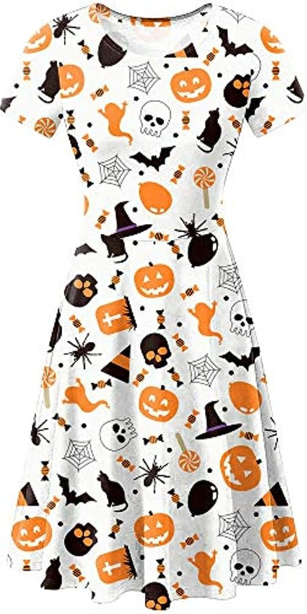 Halloween Dress for Women Short Sleeves Printed Vintage Style A-Line Party Dresses