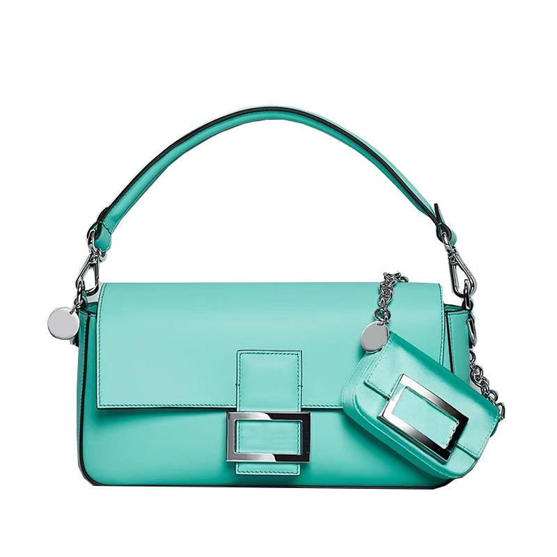 

Blue Baguette Bag Flap Messenger Bags Shoulder Crossbody Purse Women Cowhide Genuine Leather Plain Silver Hardware Buckle Women Handbag Mini Chain Bag Top, 26cm