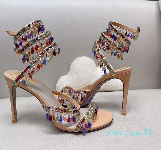 

2023 Heels sandals Rene Caovilla Cleo 95mm Designers Ankle Wraparound women high heeled sandal flower rhinestone Evening shoesh, 30#