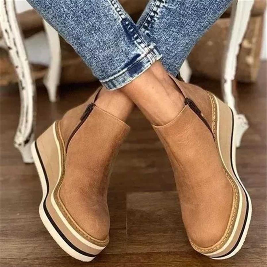 

Platform Chelsea Women Boots Fashion Goth Casual Wedges Botas 2022 Winter Warm Ankle Snow Designer Mid Heels Woman Shoes 211020325p, Light brown