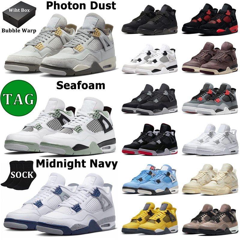

With Box 4 Basketball Shoes Men Women 4s Military Black Cat Midnight Navy Photon Dust Seafoam Red Thunder Sail Lightning Bred Mens Trainers, 33