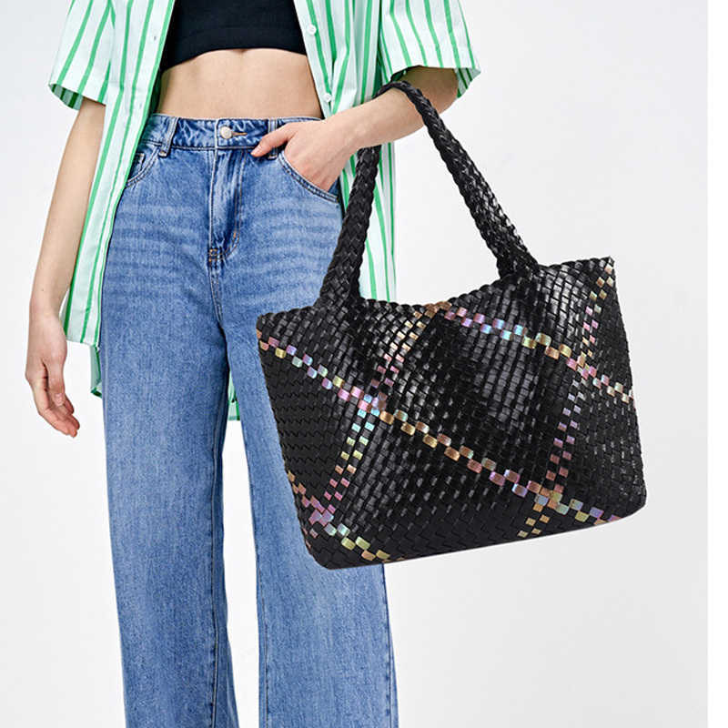 Pu Color Contrast Hand Woven Bag Texture One Shoulder Fashion High-capacity Commuter Tote Bag 230301