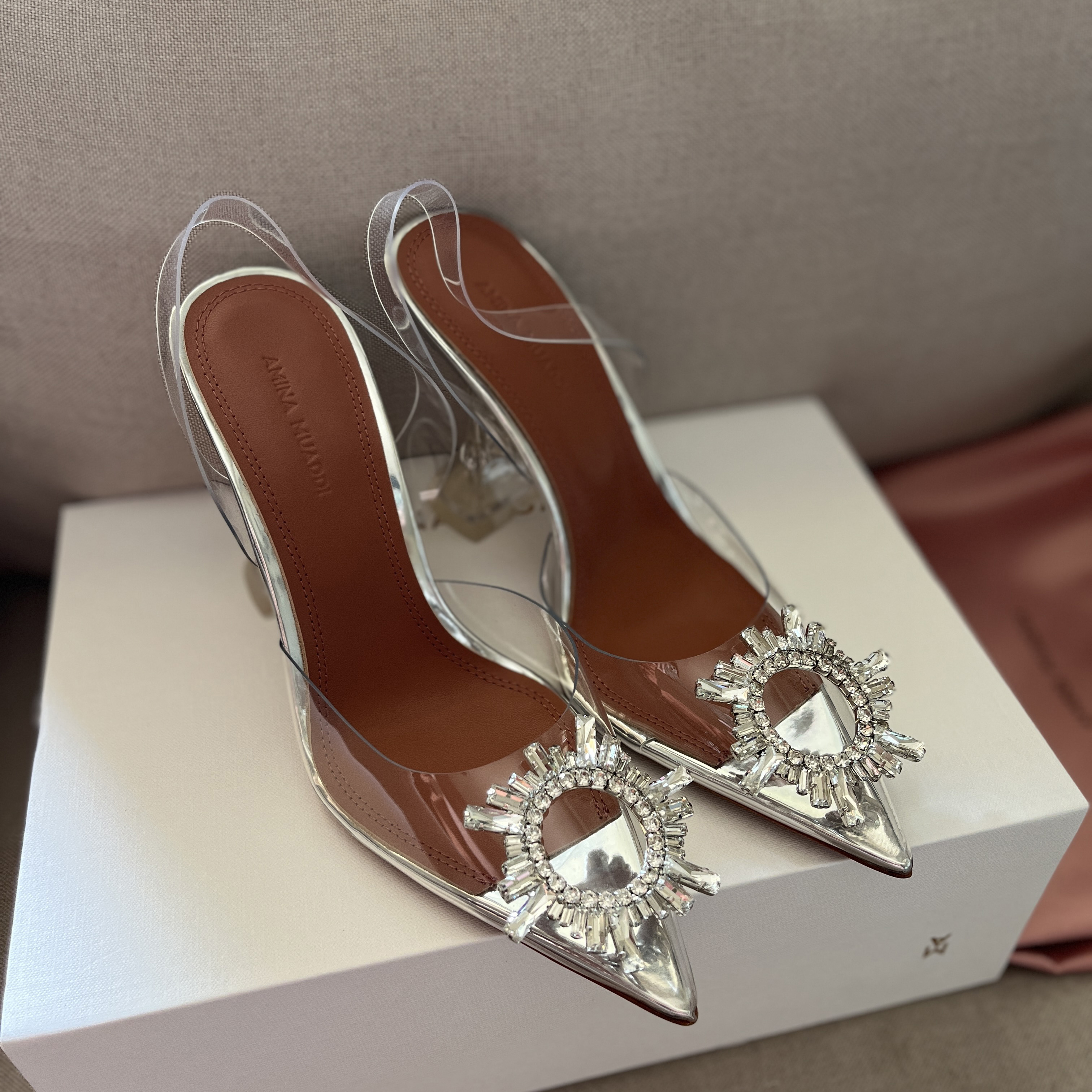 

Amina muaddi Begum Crystal-Embellished PVC Pumps shoes spool stiletto Heels sandals women's Luxury Designers Dress shoe Evening Slingback strap factory footwear, Silver **