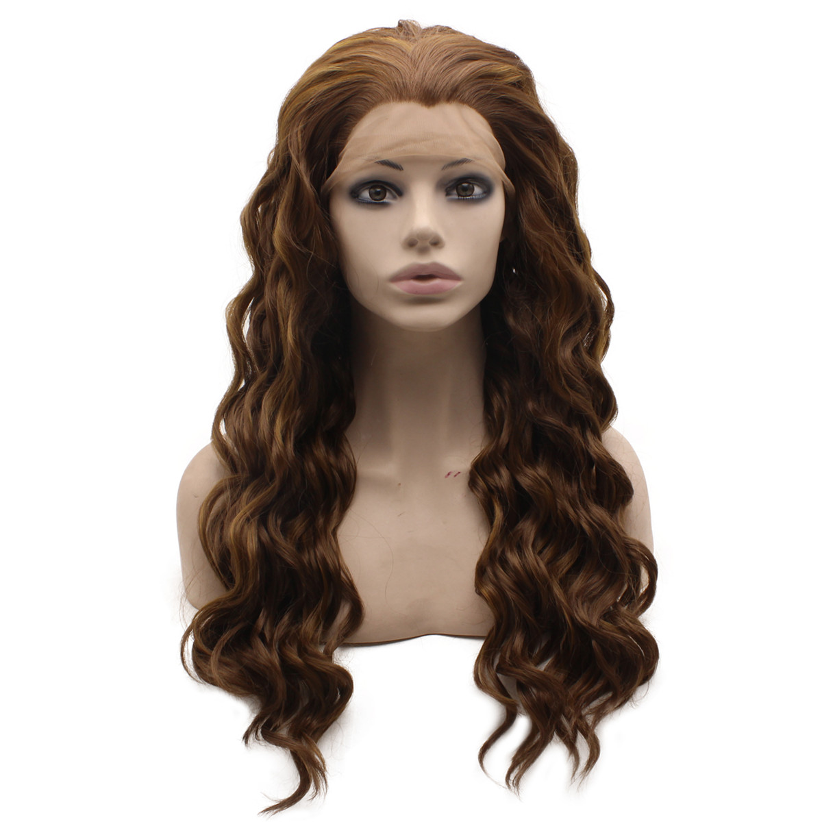 

24" Long Highlighted Brown Wig density Full Heat Friendly Synthetic Hair Lace Front Wig, Dark brown