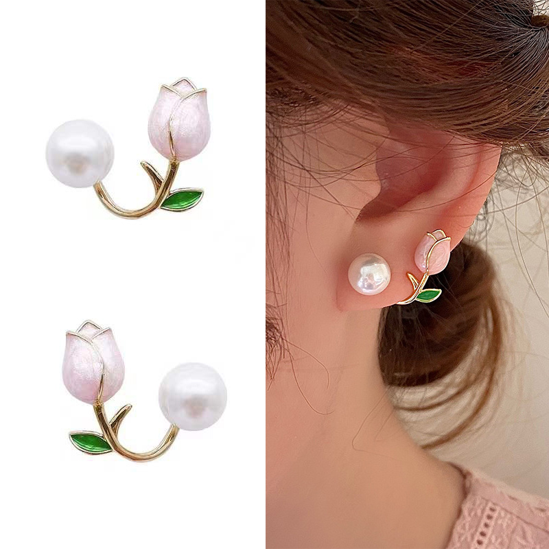 

French Light Luxury Pink Tulip Flower Pearl Stud Earrings For Women Zircon Exquisite Earring Party Christmas Jewelry Gift