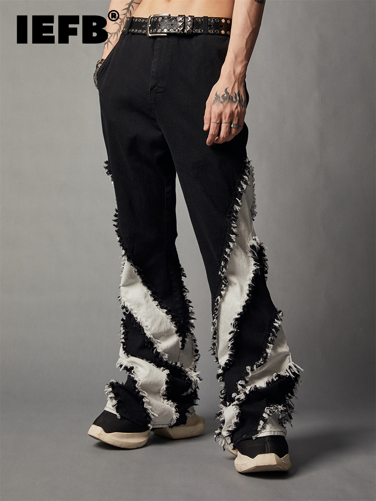 

Men's Jeans IEFB Versatile Black Splice Slim Washed Denim Casual Flare Men Pants 2023 Darkwear Contrast Color Male Trousers Vintage 9A5816 230301, Black and white