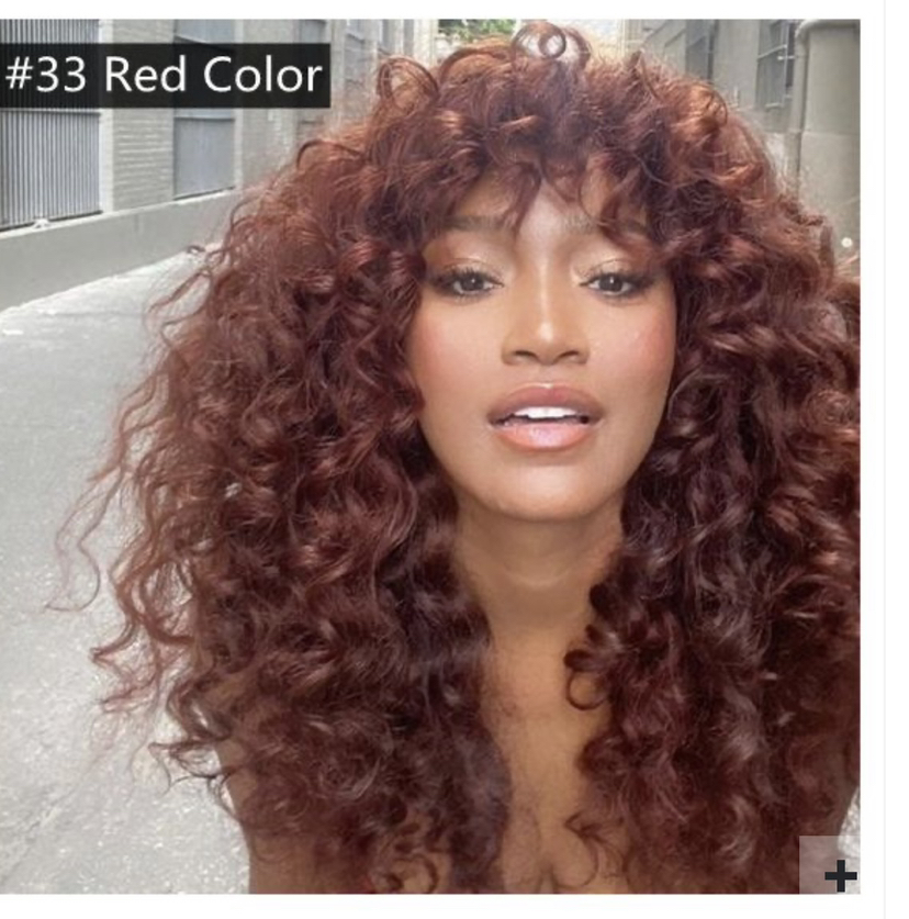

Hot long deep curly burguary red human hair wig with bang machine made none lace glueless colored wigs 150%density full natural exactly like pic, Color 33