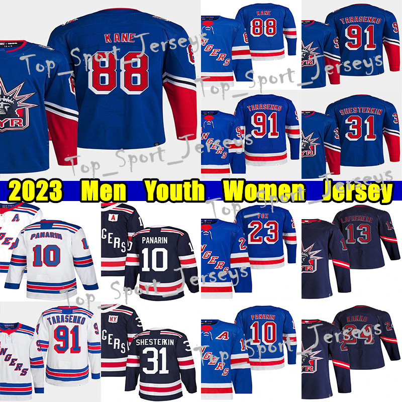 

#88 Patrick Kane Reverse Retro hockey jersey #23 Adam Fox 10 Artemi Panarin 31 Igor Shesterkin Mika Zibanejad Jacob Trouba K'Andre Miller Vladimir Tarasenko jerseys, Blue new reverse retro women