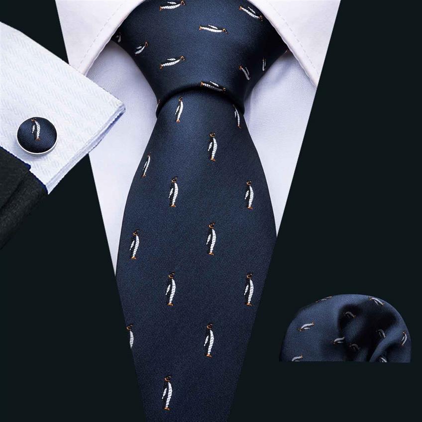 

Luxury Mens Tie Dark Blue Tie With Cute Penguin Small Pattern Set Handkerchief and Cuffs Whole Business Wedding Shipp2980