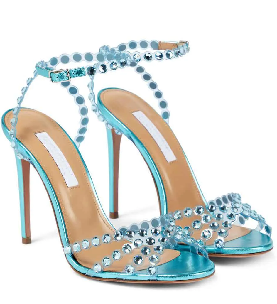 2024 Design célèbre design d'été Tequila en cuir sandales chaussures Femme à lacets Design en cristal sexy dame haute robe de talon mariage maria