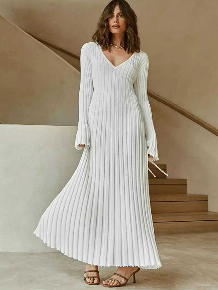 

Casual Dresses Knitted Dress Women Long V Neck Dresses Female Solid Elegant Full Sleeve A-Line Dress Autumn Winter Ladies Ribbed Maxi Robe G230228, Apricot