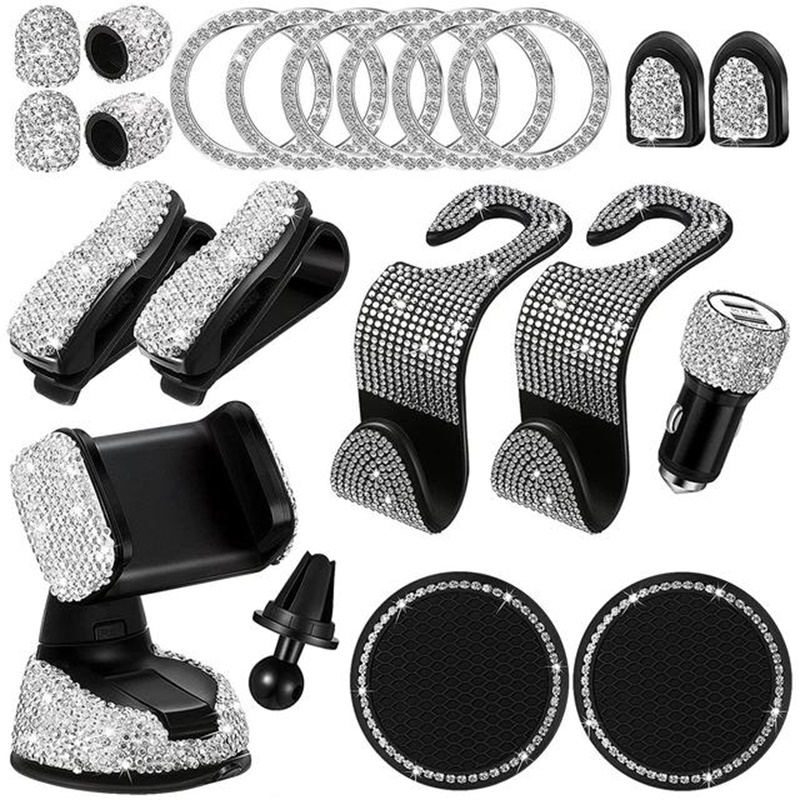 

20Pcs Dashboard Wira Crystal Rhinestone Car Accessories Set Car Phone Holder Universal Bling Car Accessories for Women Auto Interior Mount Durable