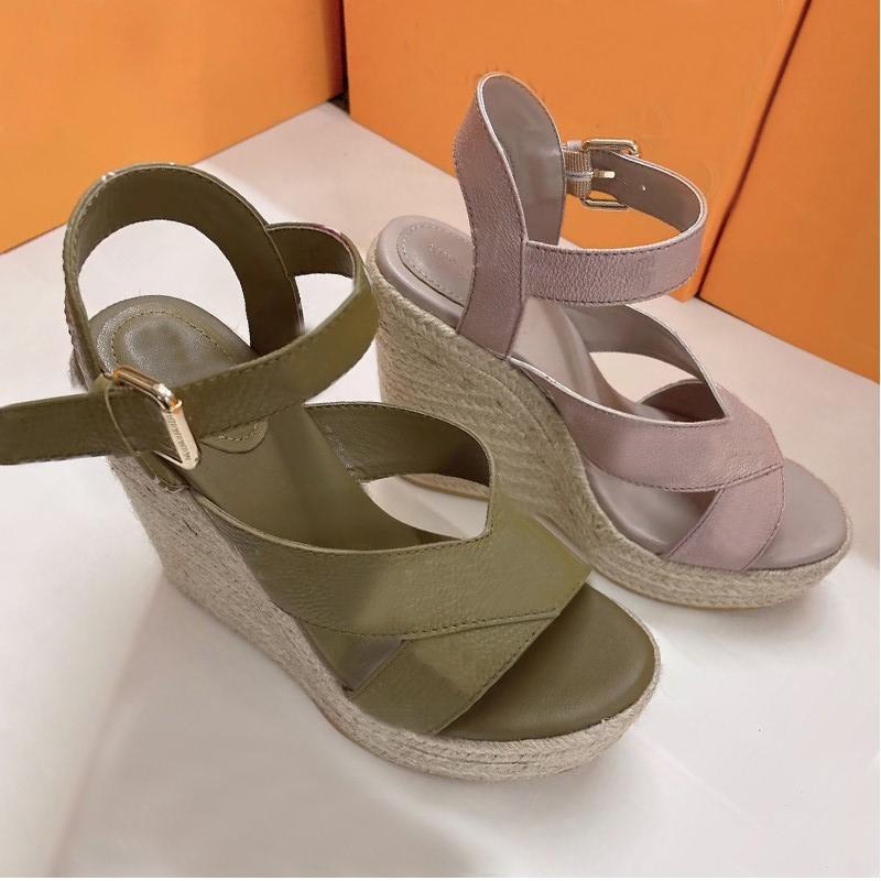 

Beach High heels Summer fashion Casual Sandals Straw Thick bottom designer Shoe 100% leather Wedges Belt buckle Women Shoes lady cowhide letter Work SHoes size 35-41