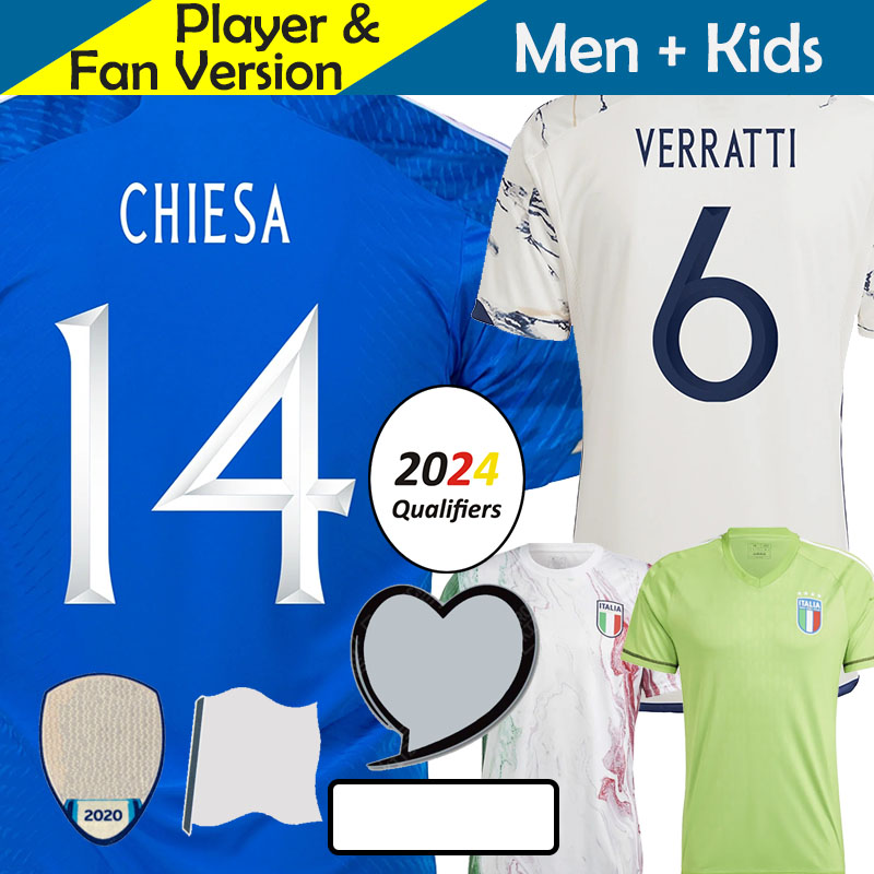 

2022 2023 Italy Soccer Jerseys CHIESA VERRATTI BARELLA World Cup Nationals Football Shirt DONNARUMMA Goalkeeper Kid Kit Pre Match League Training Euro Qualifiers, Away euro patch