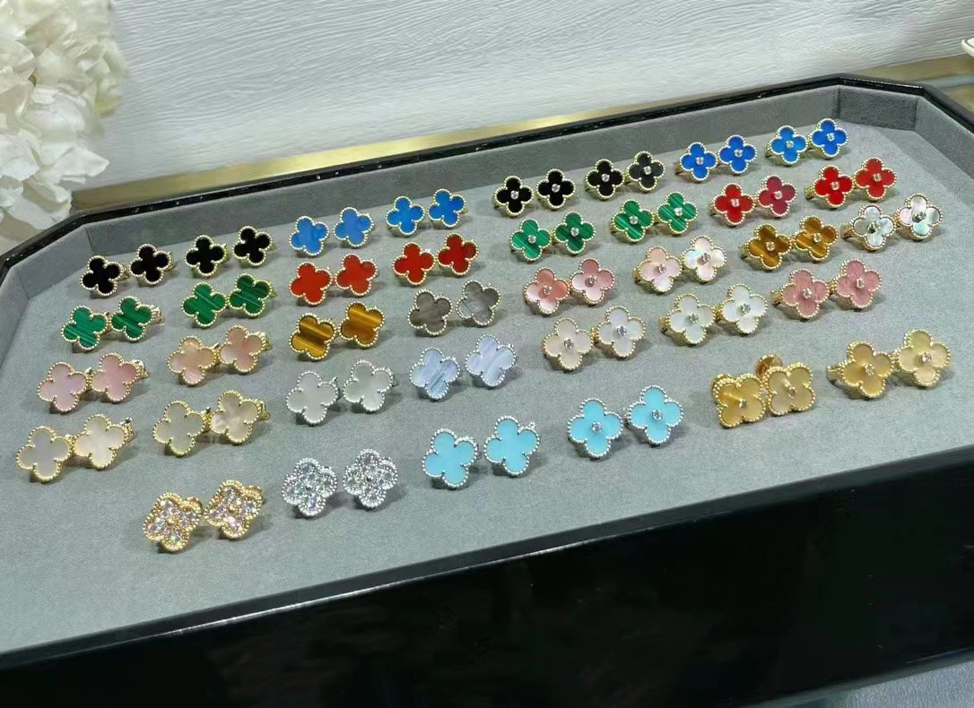 

Luxury VA Brand Clover Designer Earrings Stud Gold Black White Blue Stone Sweet Flower 15mm 4 Leaf Earings Earring Ear Rings A Jewelry