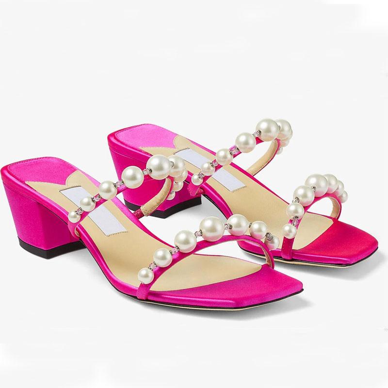 

Summer Luxury Amara Women Sandal Pearl Strap Slippers Chunky Heels Square Toe Mule Lady Pumps Dress Party Wedding EU35-43.Box