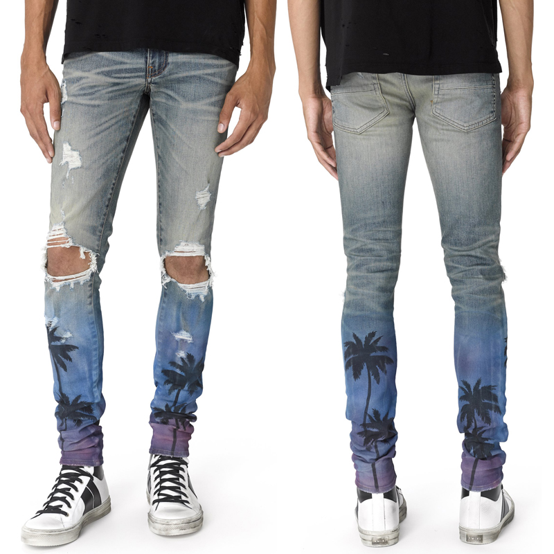 

Tree Printed Painted Ripped Slim Cut Denim Jeans in Blue For Man, 6597