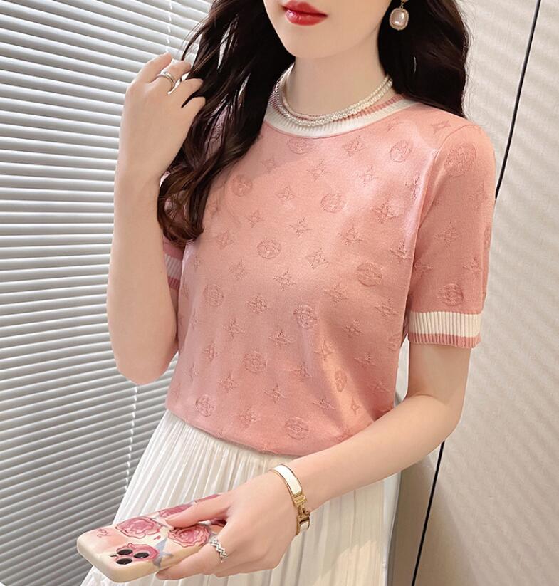 

Women' Knits Tees 2023 Round neck loose pullover ice silk t-shirt women' summer jacquard ice silk sweater