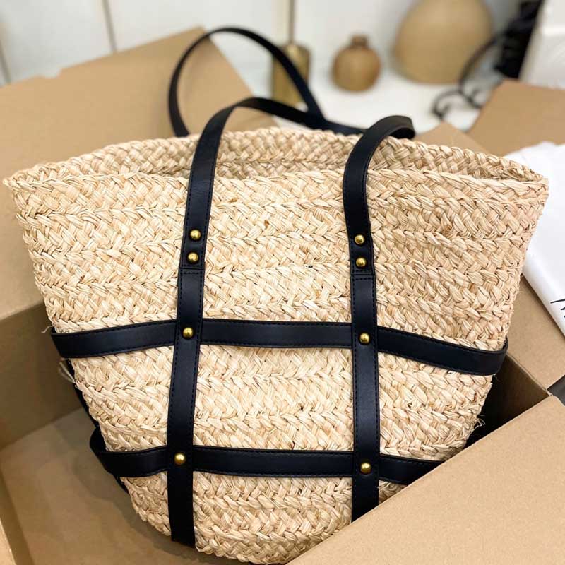 

Straw Woven Totes Shopping Bag Summer Beach Bags Raffia Weave Shoulder Handbag Purse Genuine Leather Patchwork Basket Bags Large Capacity Fashion Letter, Black