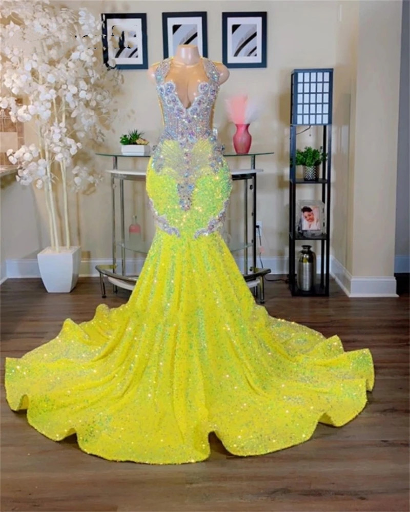 

Sparkly Yellow Mermaid Prom Dresses 2023 Sheer Neck Crystals Rhinestones Luxury Plus Size Birthday Party Gowns Robe De Bal, Champagne