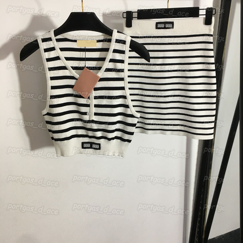 

Women Knit T Shirt Skirts Set Sexy Striped Sleeveless Knitted Vest Skirt INS Fashion Street Style Knits, Beige with label #20230701