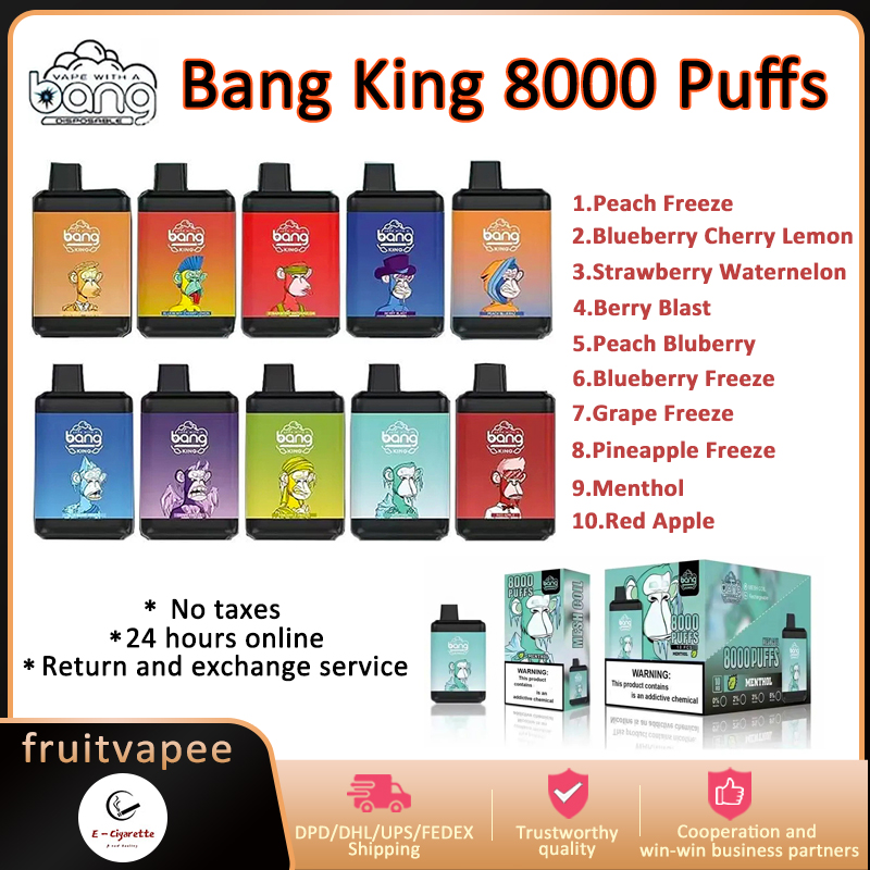 

Original Bang King 8000 Puffs E Cigarette Disposable Rechargeable Vape Pen Device 650mah Battery 15ml Cartridges pod Mesh Coil 10 Flavors 0% 2% 3% 5% xxl puff