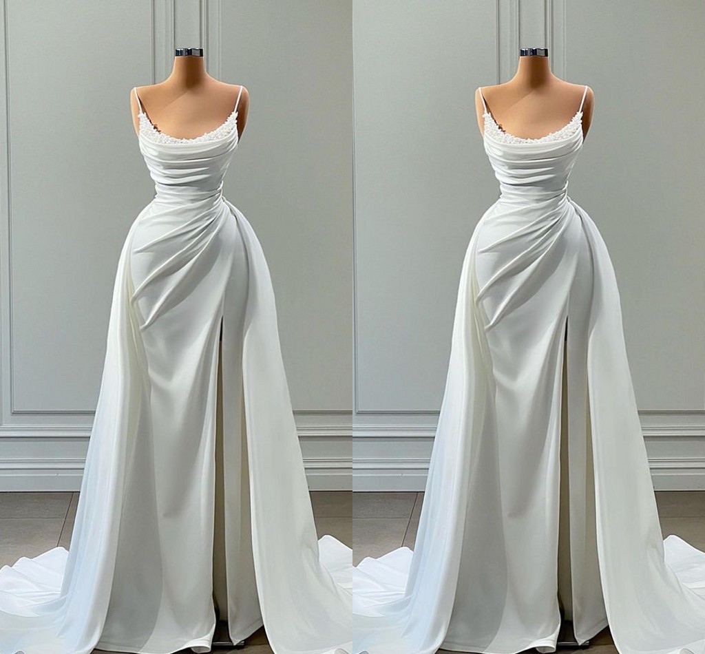 

Elegant Mermaid Wedding Dresses for Bride Plus Size Pearls Satin Spaghetti Straps High Side Split Pleats Sweep Train Bridal Gown Vestido De Noiva Custom Made, Fuchsia