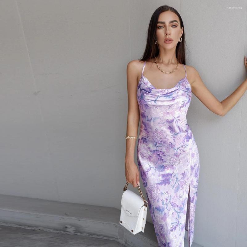 

Casual Dresses Women Sexy Backless Floral Print Dress Fashion Sleeveless Split For Ladies Female, Green