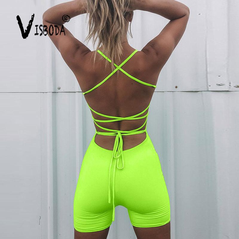 

Women's Jumpsuits & Rompers Women Sexy Bandage Playsuit Neon Green Cross Band Lace Up Backless Jumpsuit 2023 Fashion Female Summer Pink Slee, Fuchsia