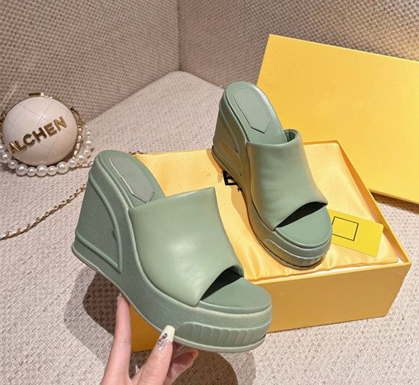 

2023 New womens slippers light colour Wedge heel mules Leather thick bottom womens shoes 8.5CM Heeled platform Square head Exposed toe sandal women 35-41, Brown