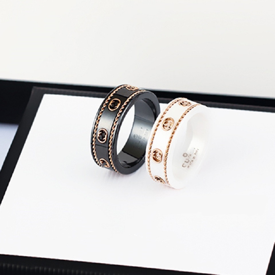 

Ceramic band ring double letter jewelry for women mens black and white gold bilateral hollow G rings fashion online celebrity couples to ring