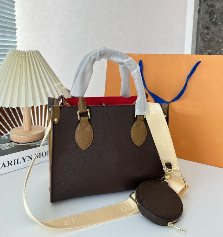 

2PCS on the go tote shopping bags women high quality luxury pm handbag and Round purse designer crossbody bags Monograms embroidered shoulder strap 25cm, Brown