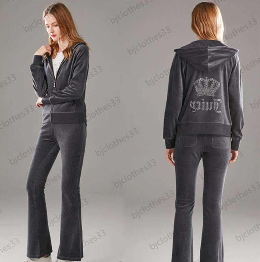 

Design trend Juicy Tracksuit Womens Two Piece Pants Back Diamond Crown Print Pockets Regular Hooded Zipper Cardigan Loose Bell Bottom Pant 23ess, 18