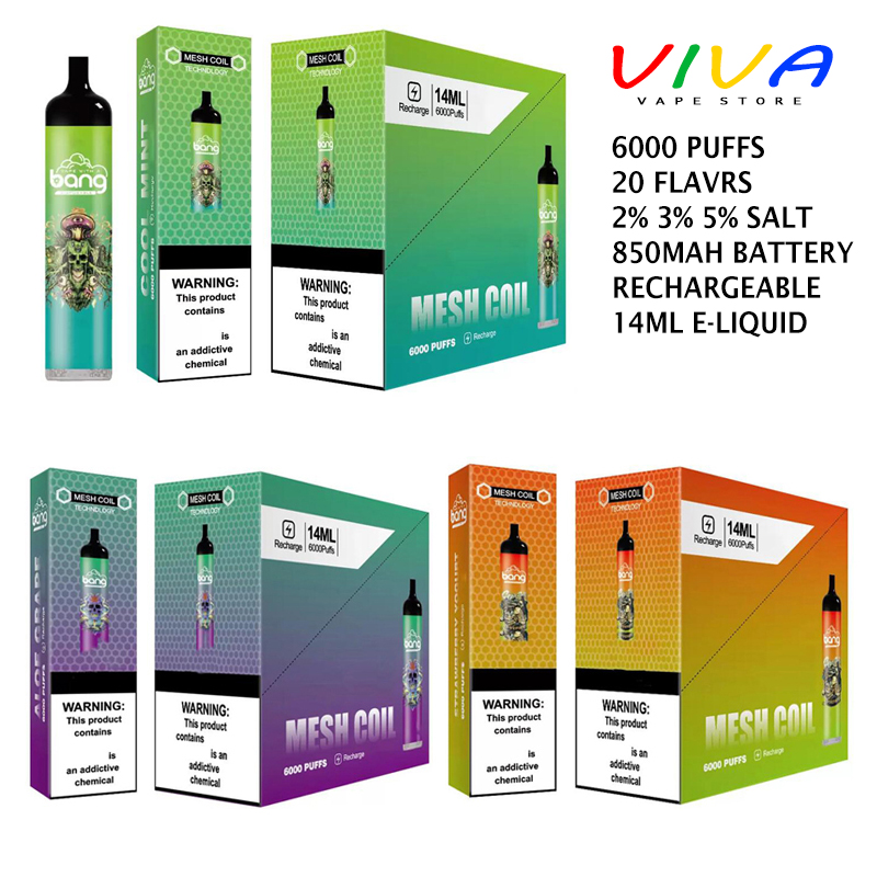 

Bang Mesh Coil 6000 Puffs E Cigarette Kit 2% 3% 5% Rechargeable Disposable Vape Pre-filled 14ml Pods Cartridges 850mAh 20 Flavs Vapes, Mixed flavrs