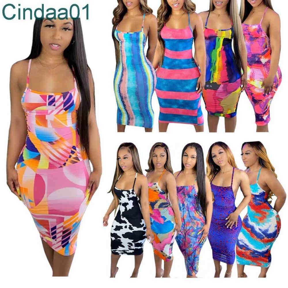 

Women Dress Designer Slim Sexy Sleeveless Sling Tie Dye Pattern Printed Long Dresses Backless Summer Suspender Skirt 14 Colours, 8#