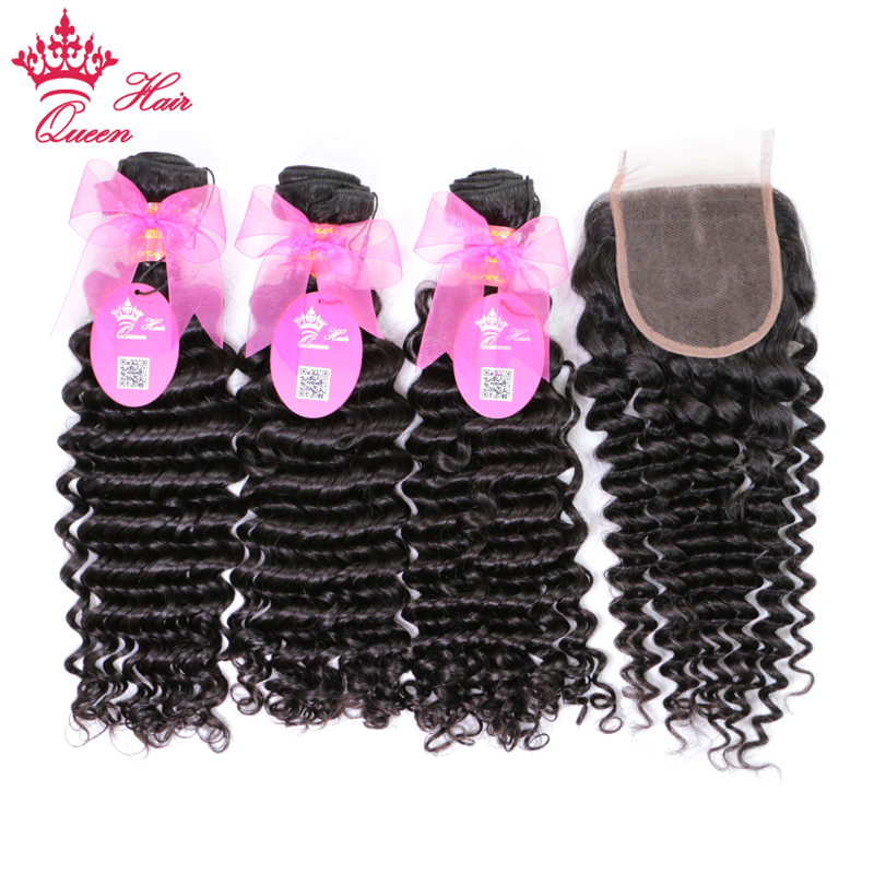 

100% Human Brazilian Hair Deep Curly Wave Bundles With Closure Weave Lace Closure with Virgin Raw hair Bundles Queen Hair Official Store, Natural color