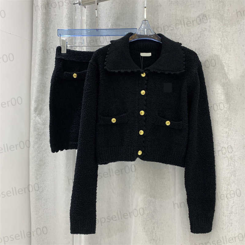 

Womens Desigenr Two Piece Black Dress Sets Autumn Winter Fashion Casual Slim Fit Wool Plush Loop Yarn Doll Neck Metal Button Knitted Coat With Hip Wrap Skirt Set 0206, 10