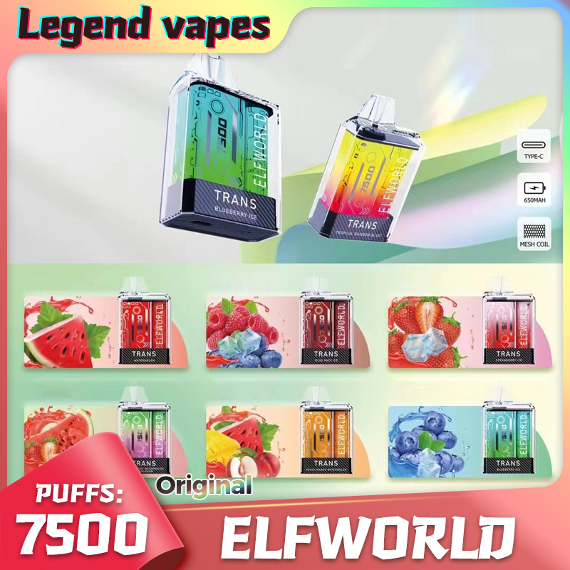 

Original Elfworld Trans 7500 Puffs E Cigarettes Disposable Box Vape Pen 650mAh Rechargeable 15ml Refilled Reuse Cartridges Mesh Coil Vapes Pod Bar Vaporizer